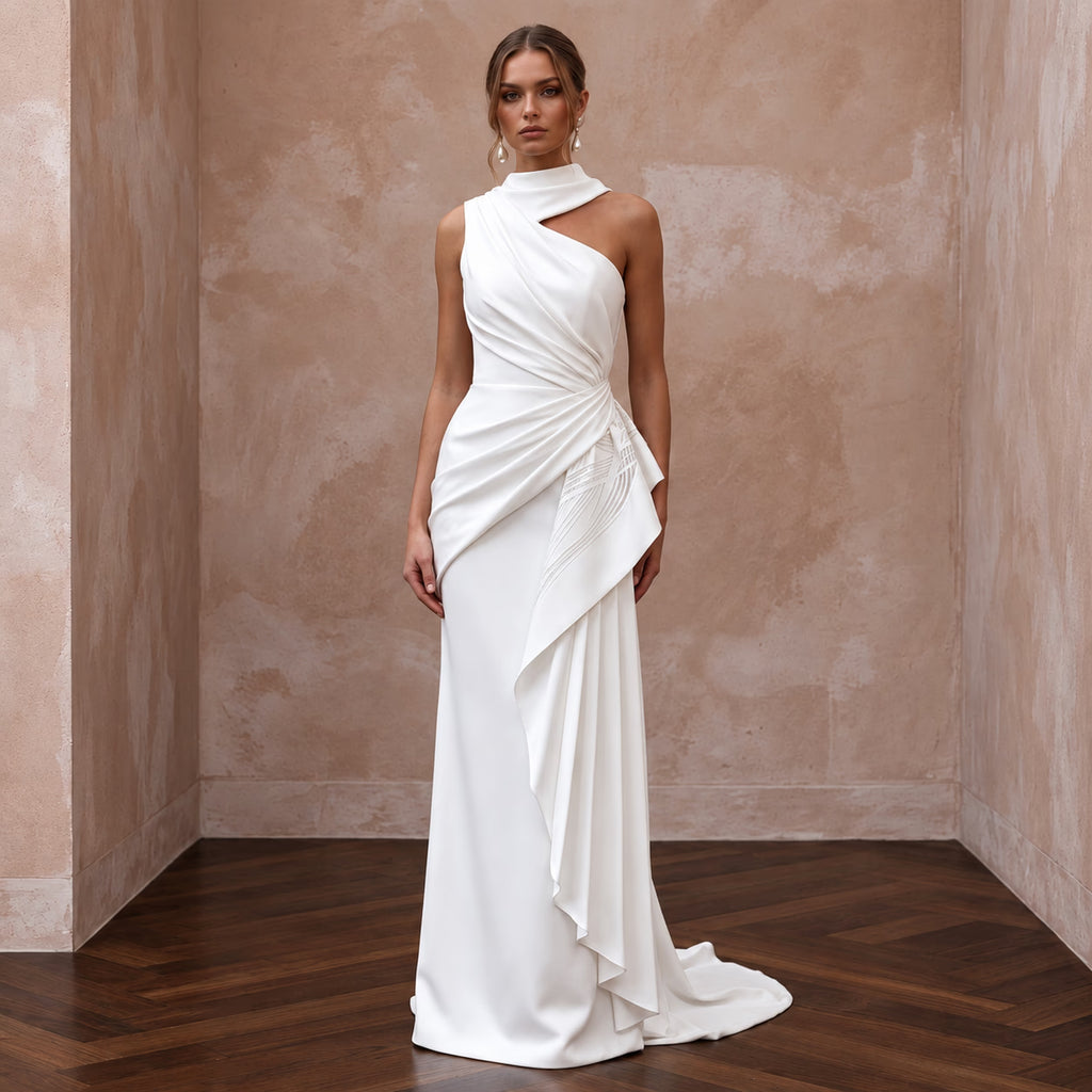 Soft White Silk Mikado Asymmetrical Draped Column Wedding Dress