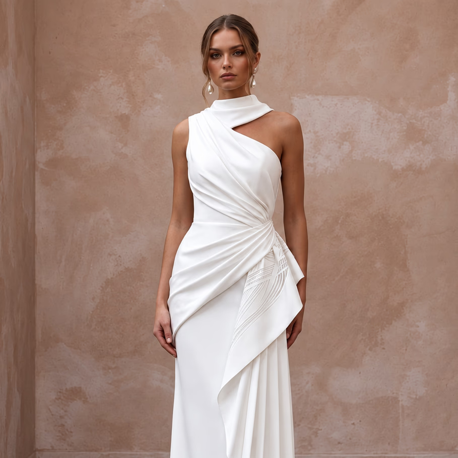 Soft White Silk Mikado Asymmetrical Draped Column Wedding Dress