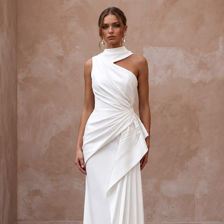 Soft White Silk Mikado Asymmetrical Draped Column Wedding Dress