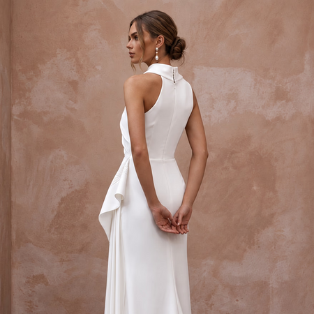 Soft White Silk Mikado Asymmetrical Draped Column Wedding Dress