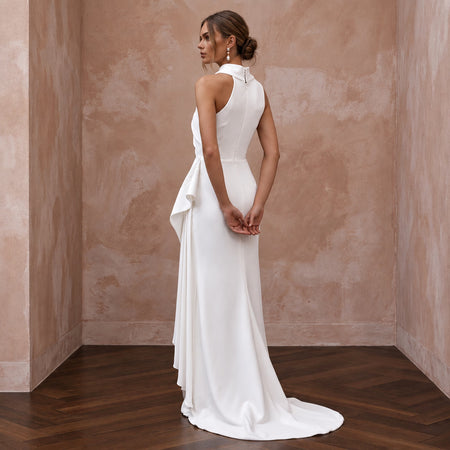 Soft White Silk Mikado Asymmetrical Draped Column Wedding Dress