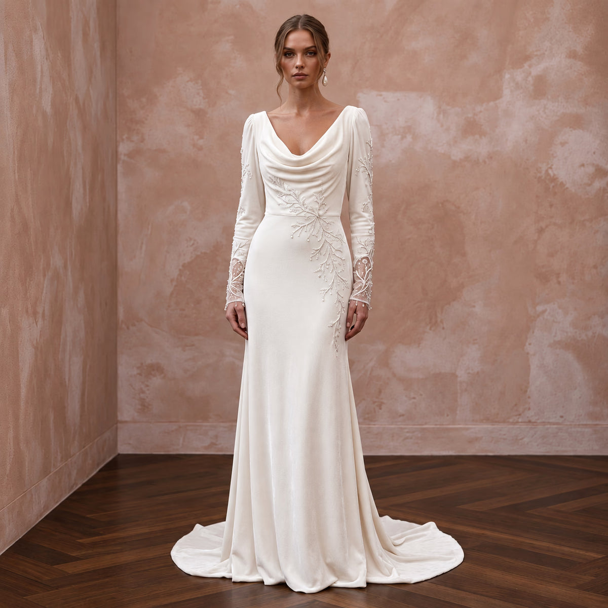 Soft White Velvet Draped Cowl Back Winter Wedding Dress