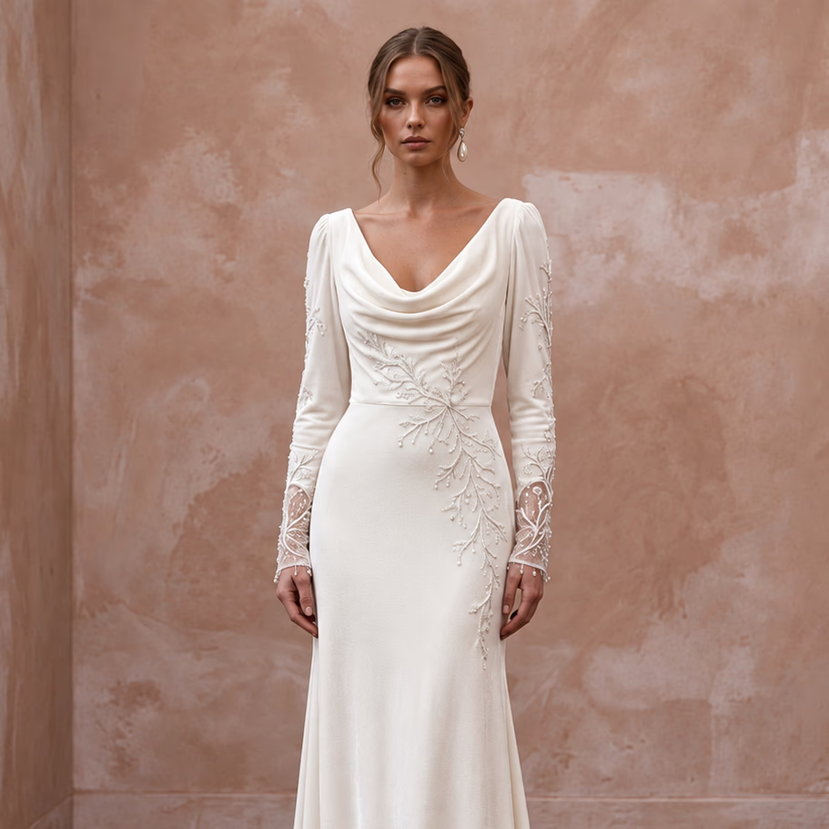 Soft White Velvet Draped Cowl Back Winter Wedding Dress