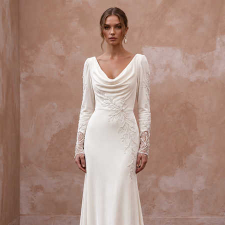 Soft White Velvet Draped Cowl Back Winter Wedding Dress