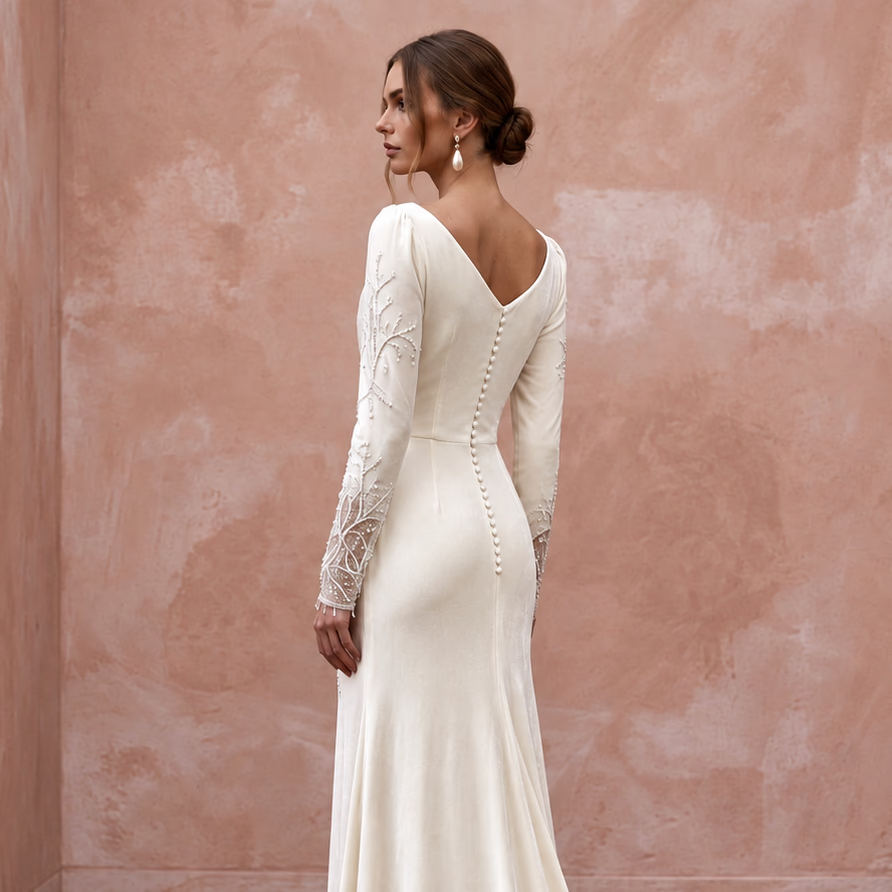 Soft White Velvet Draped Cowl Back Winter Wedding Dress