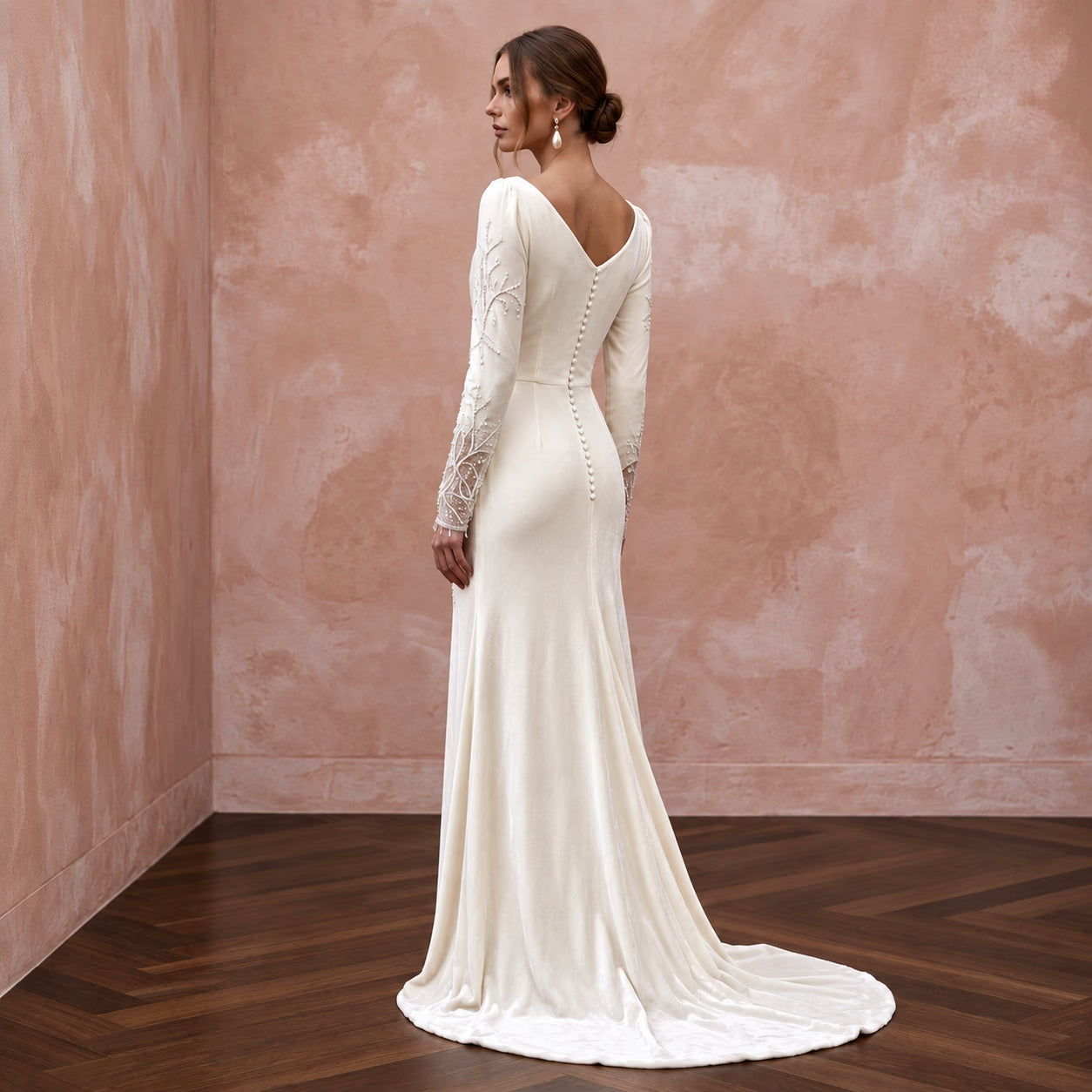 Soft White Velvet Draped Cowl Back Winter Wedding Dress Secondary image