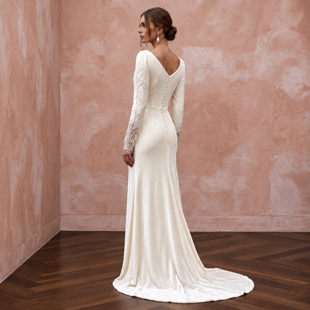Soft White Velvet Draped Cowl Back Winter Wedding Dress