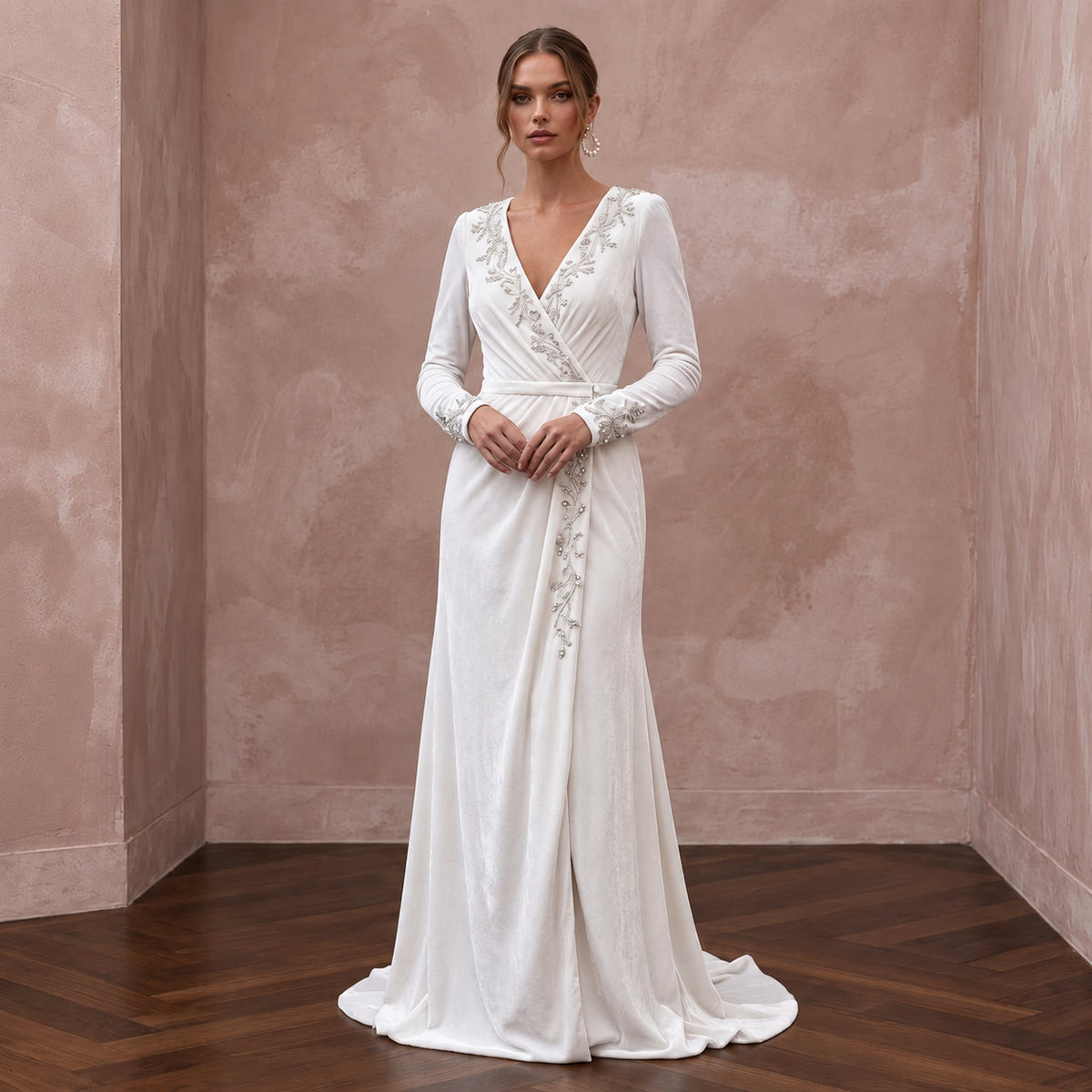 Soft White Velvet Long Sleeve Wrap Wedding Gown for Winter Elopement