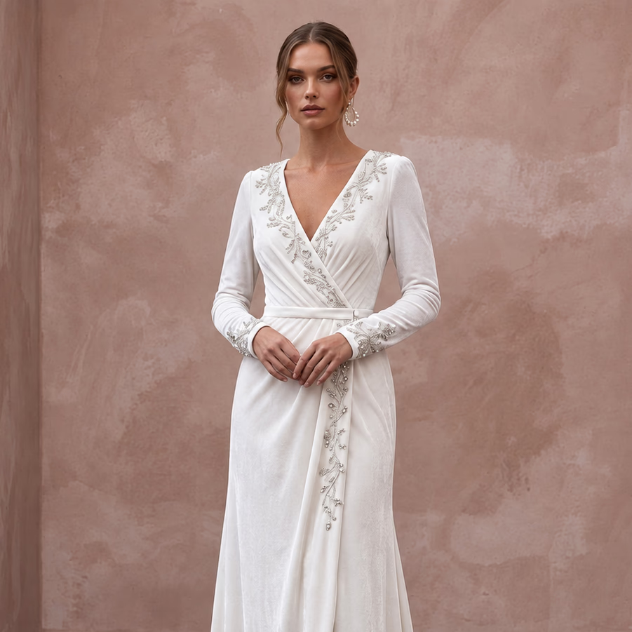 Soft White Velvet Long Sleeve Wrap Wedding Gown for Winter Elopement