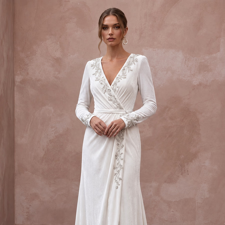 Soft White Velvet Long Sleeve Wrap Wedding Gown for Winter Elopement