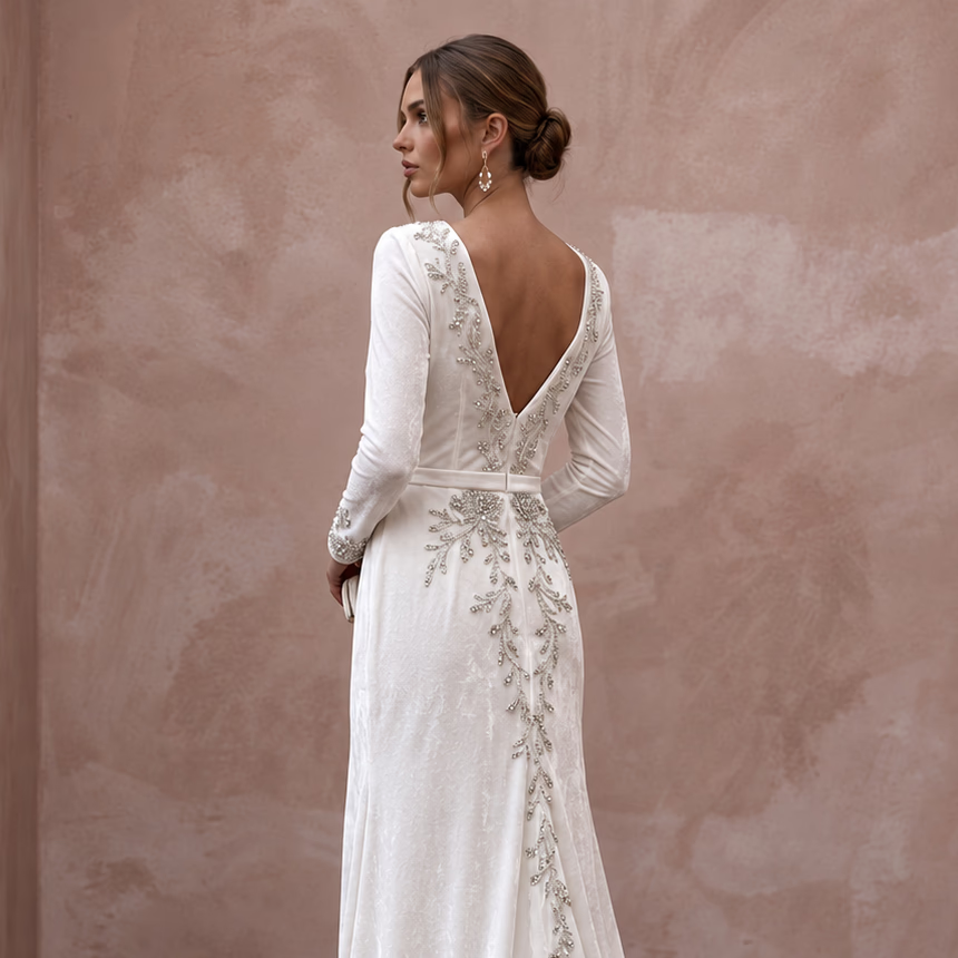 Soft White Velvet Long Sleeve Wrap Wedding Gown for Winter Elopement