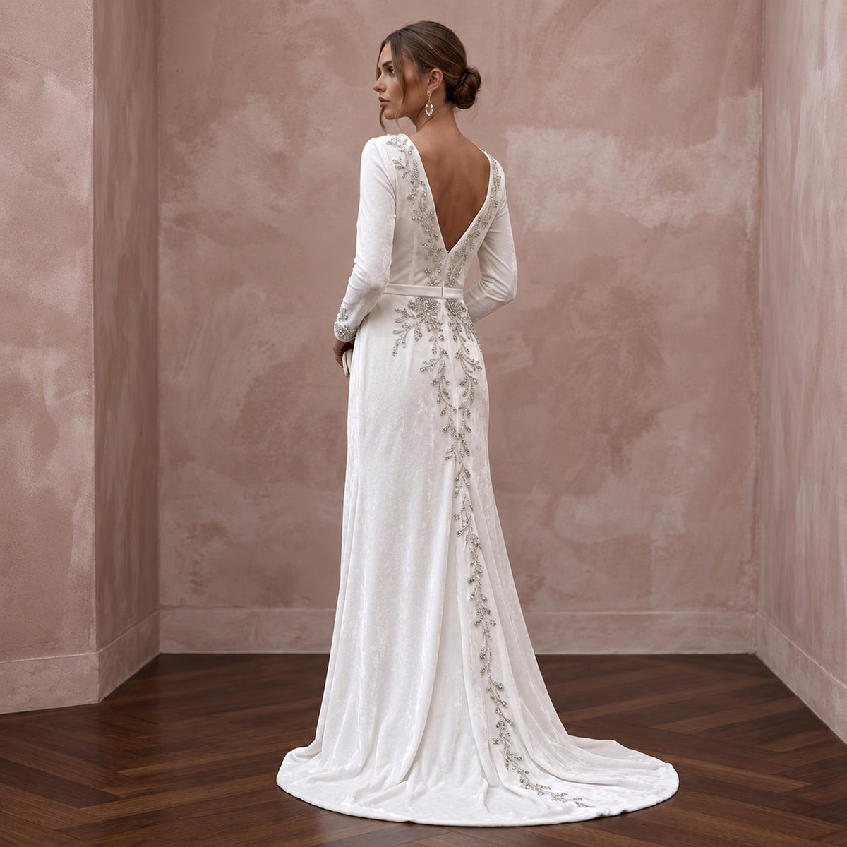 Soft White Velvet Long Sleeve Wrap Wedding Gown for Winter Elopement
