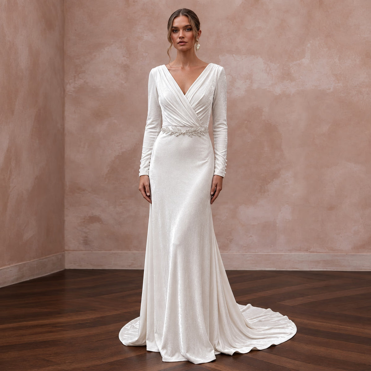 Soft White Velvet Wrap Bodice Flowing Winter Elopement Dress