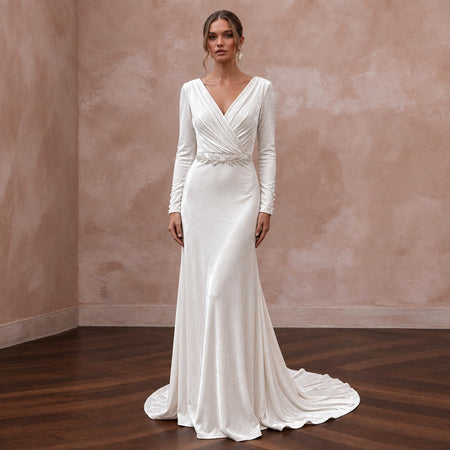 Soft White Velvet Wrap Bodice Flowing Winter Elopement Dress