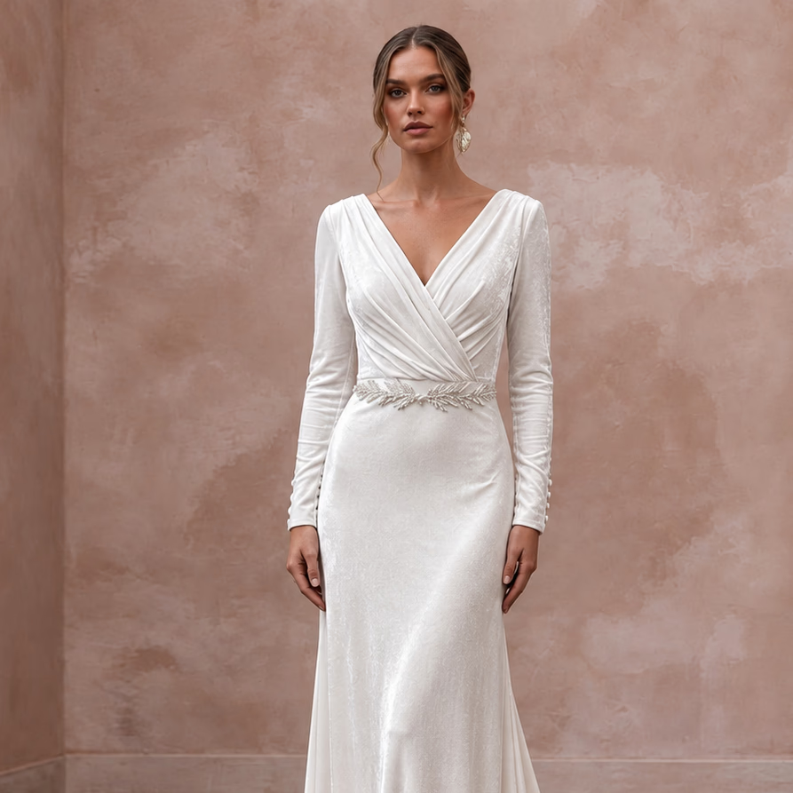 Soft White Velvet Wrap Bodice Flowing Winter Elopement Dress