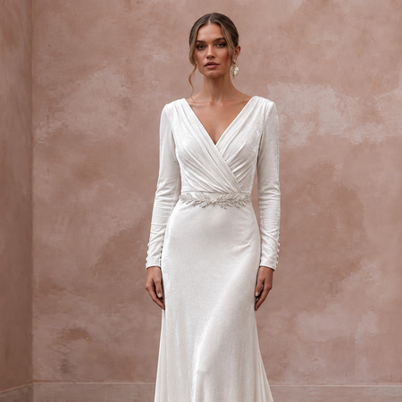 Soft White Velvet Wrap Bodice Flowing Winter Elopement Dress