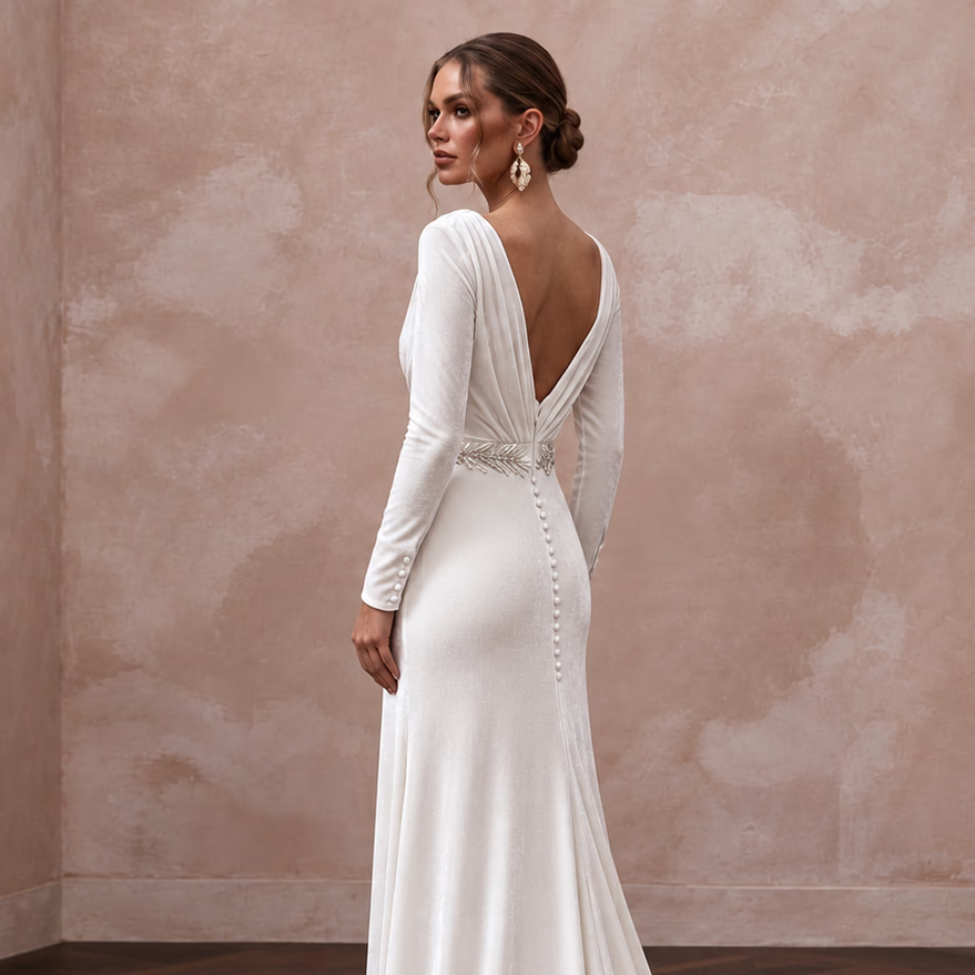 Soft White Velvet Wrap Bodice Flowing Winter Elopement Dress