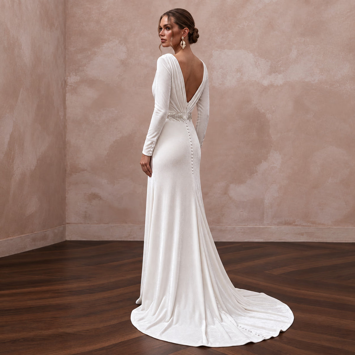 Soft White Velvet Wrap Bodice Flowing Winter Elopement Dress