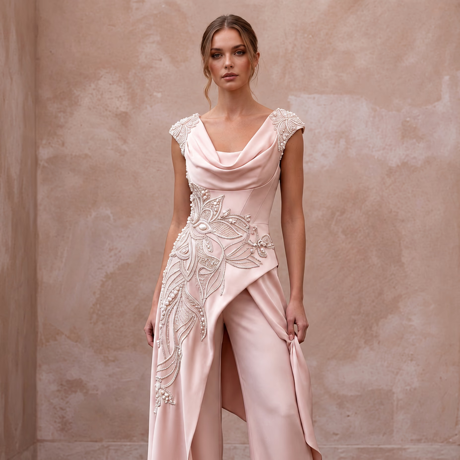 Sophisticated Blush Silk Charmeuse Bridal Tunic & Pant Set for Bridal Shower