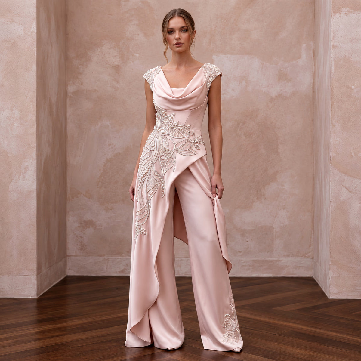 Sophisticated Blush Silk Charmeuse Bridal Tunic & Pant Set for Bridal Shower - Apparel & Accessories > Clothing > Wedding & Bridal Party Dresses > Wedding Dresses - Mignonette Bridal Main image