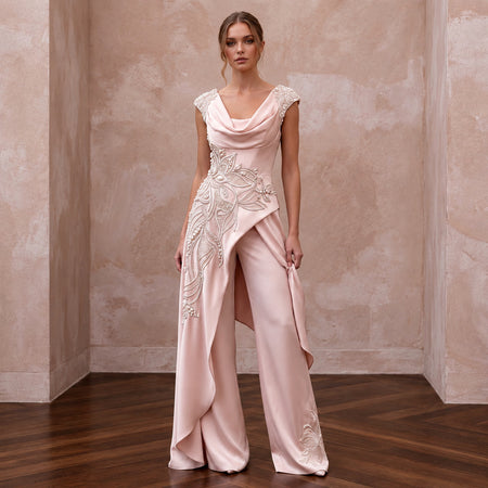 Sophisticated Blush Silk Charmeuse Bridal Tunic & Pant Set for Bridal Shower