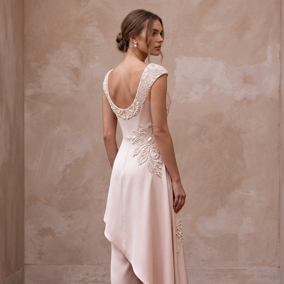 Sophisticated Blush Silk Charmeuse Bridal Tunic & Pant Set for Bridal Shower