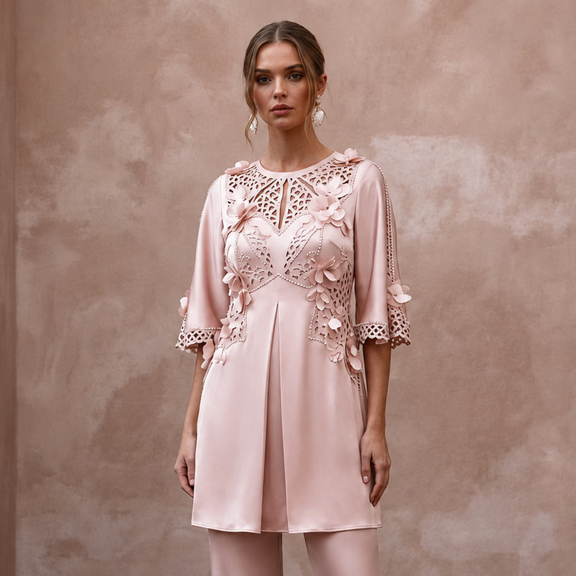 Sophisticated Blush Silk Charmeuse Tunic & Pant for Bridal Shower - Apparel & Accessories > Clothing > Wedding & Bridal Party Dresses > Wedding Dresses - Mignonette Bridal