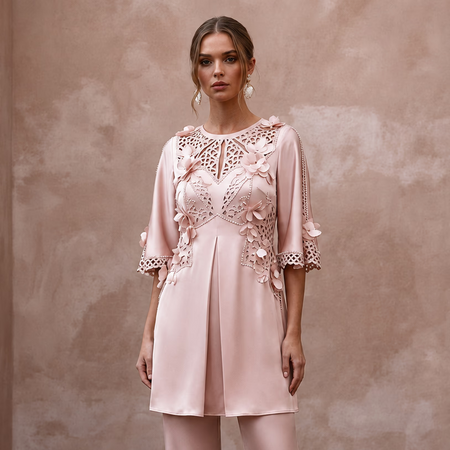 Sophisticated Blush Silk Charmeuse Tunic & Pant for Bridal Shower - Apparel & Accessories > Clothing > Wedding & Bridal Party Dresses > Wedding Dresses - Mignonette Bridal