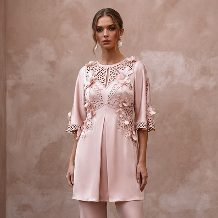 Sophisticated Blush Silk Charmeuse Tunic & Pant for Bridal Shower