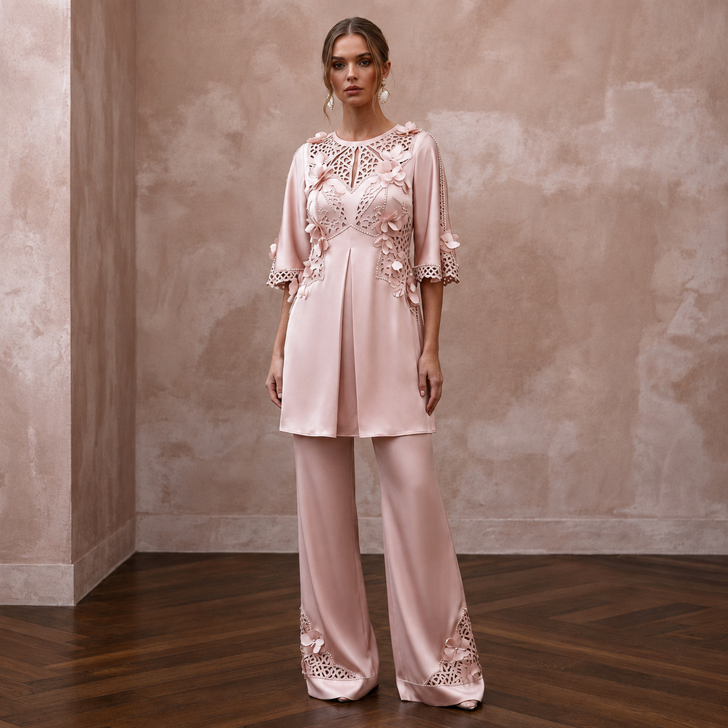 Sophisticated Blush Silk Charmeuse Tunic & Pant for Bridal Shower