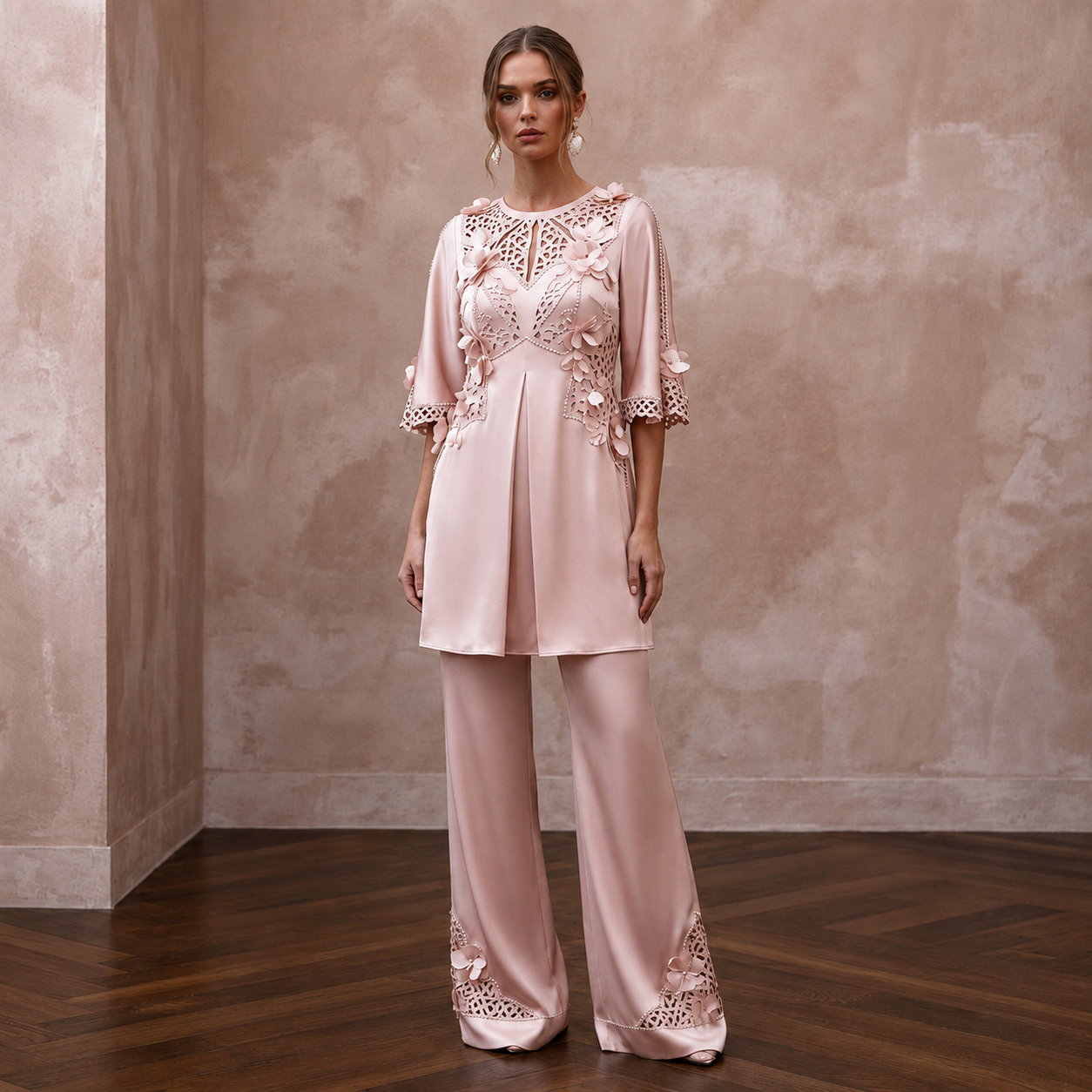 Sophisticated Blush Silk Charmeuse Tunic & Pant for Bridal Shower