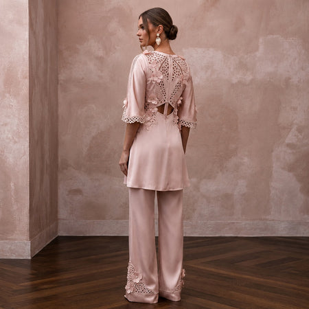 Sophisticated Blush Silk Charmeuse Tunic & Pant for Bridal Shower - Apparel & Accessories > Clothing > Wedding & Bridal Party Dresses > Wedding Dresses - Mignonette Bridal