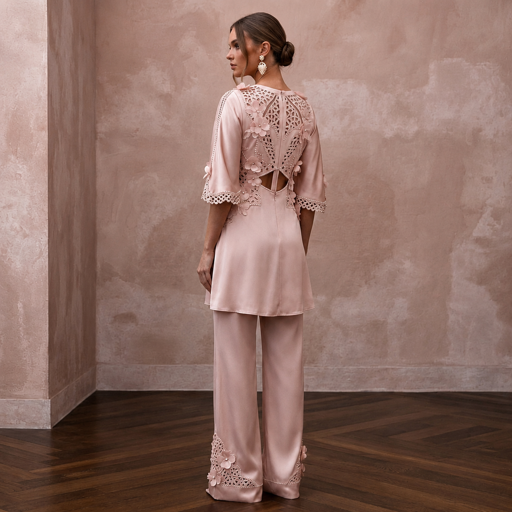 Sophisticated Blush Silk Charmeuse Tunic & Pant for Bridal Shower