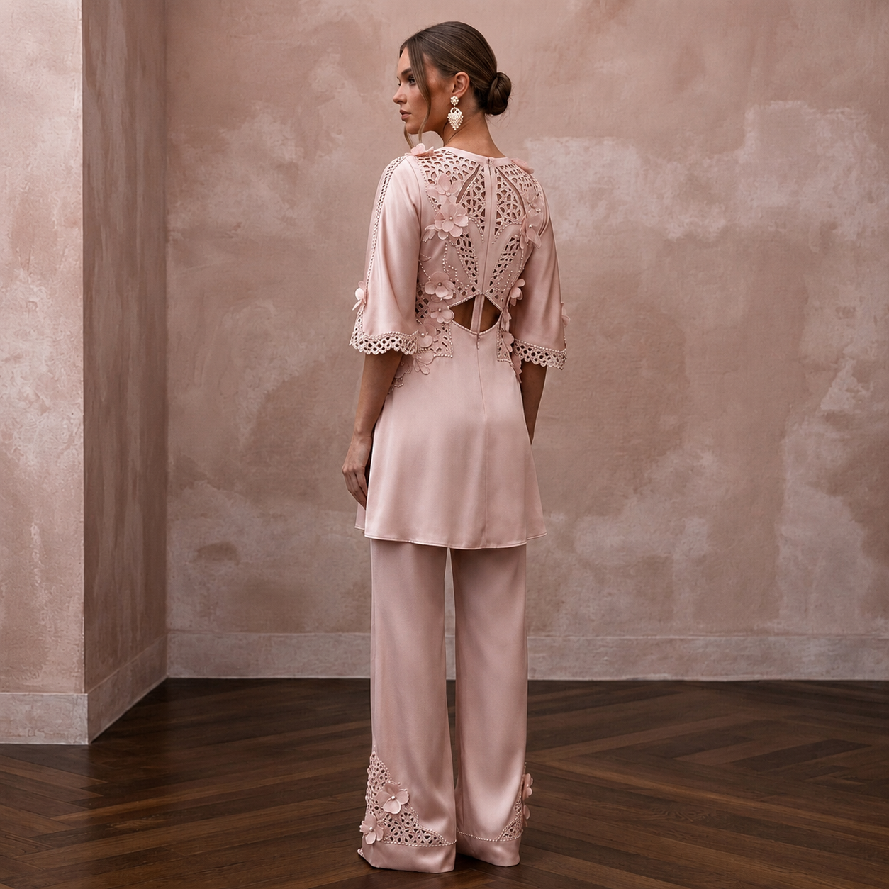 Sophisticated Blush Silk Charmeuse Tunic & Pant for Bridal Shower