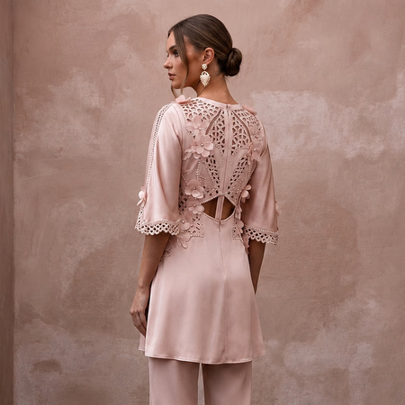 Sophisticated Blush Silk Charmeuse Tunic & Pant for Bridal Shower - Apparel & Accessories > Clothing > Wedding & Bridal Party Dresses > Wedding Dresses - Mignonette Bridal