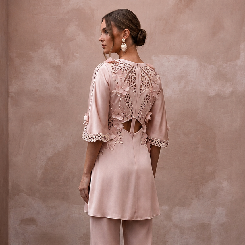 Sophisticated Blush Silk Charmeuse Tunic & Pant for Bridal Shower