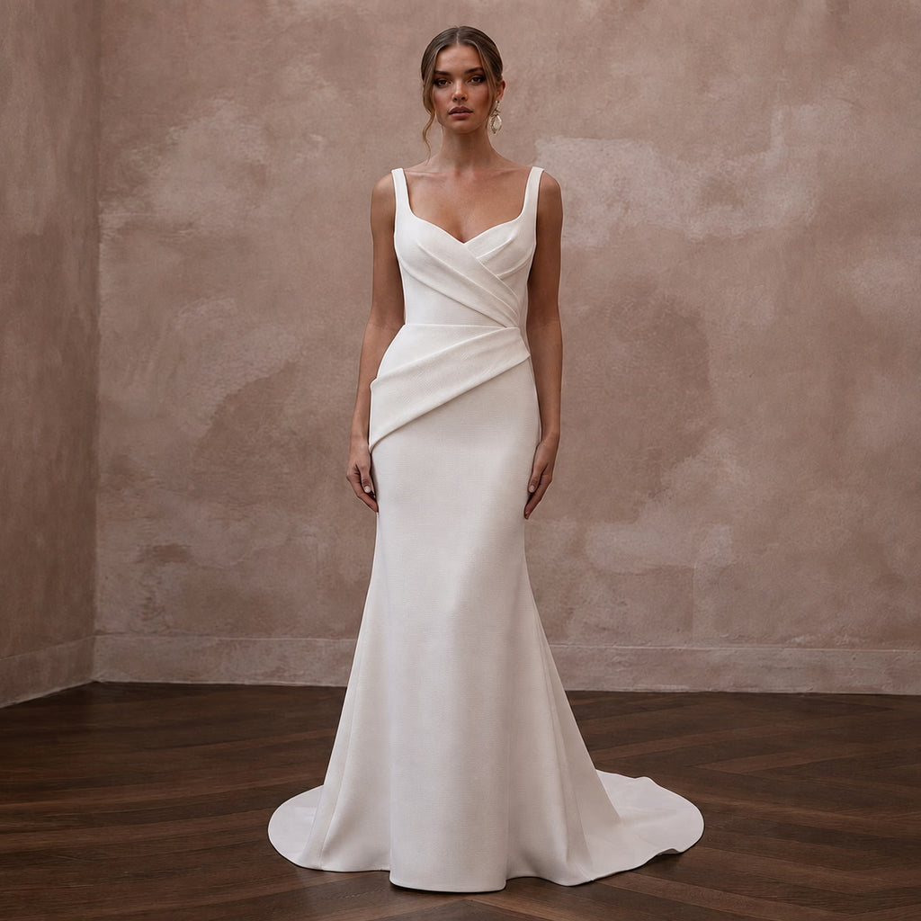 Sophisticated Cream Ribbed Crepe Fit - and - Flare Bridal Gown for City Hall - Apparel & Accessories > Clothing > Wedding & Bridal Party Dresses > Wedding Dresses - Mignonette Bridal