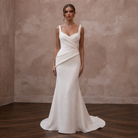 Sophisticated Cream Ribbed Crepe Fit - and - Flare Bridal Gown for City Hall - Apparel & Accessories > Clothing > Wedding & Bridal Party Dresses > Wedding Dresses - Mignonette Bridal