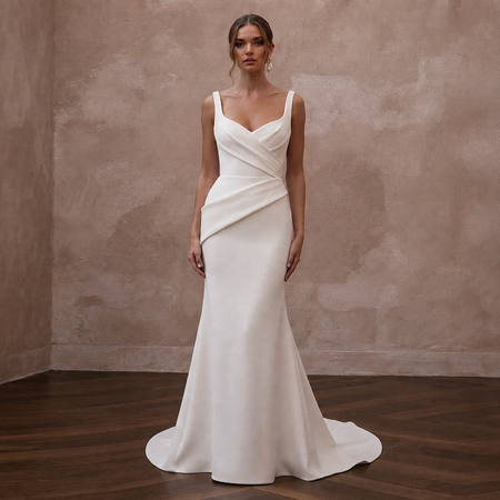 Sophisticated Cream Ribbed Crepe Fit-and-Flare Bridal Gown for City Hall