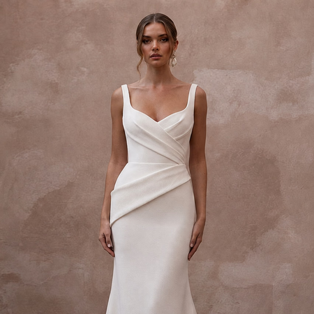 Sophisticated Cream Ribbed Crepe Fit - and - Flare Bridal Gown for City Hall - Apparel & Accessories > Clothing > Wedding & Bridal Party Dresses > Wedding Dresses - Mignonette Bridal
