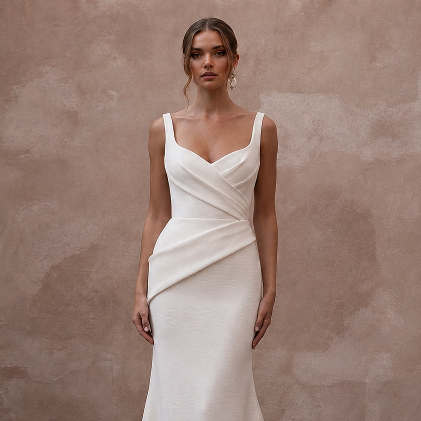 Sophisticated Cream Ribbed Crepe Fit-and-Flare Bridal Gown for City Hall