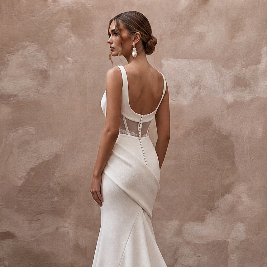 Sophisticated Cream Ribbed Crepe Fit - and - Flare Bridal Gown for City Hall - Apparel & Accessories > Clothing > Wedding & Bridal Party Dresses > Wedding Dresses - Mignonette Bridal