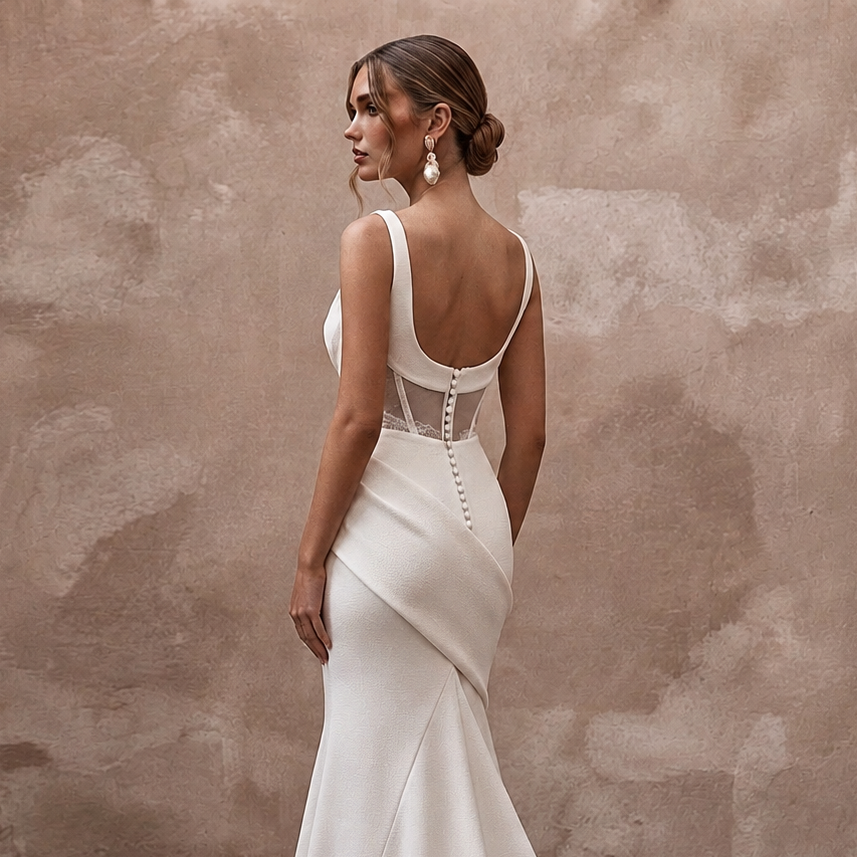 Sophisticated Cream Ribbed Crepe Fit-and-Flare Bridal Gown for City Hall