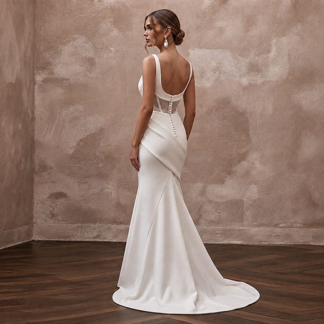 Sophisticated Cream Ribbed Crepe Fit-and-Flare Bridal Gown for City Hall