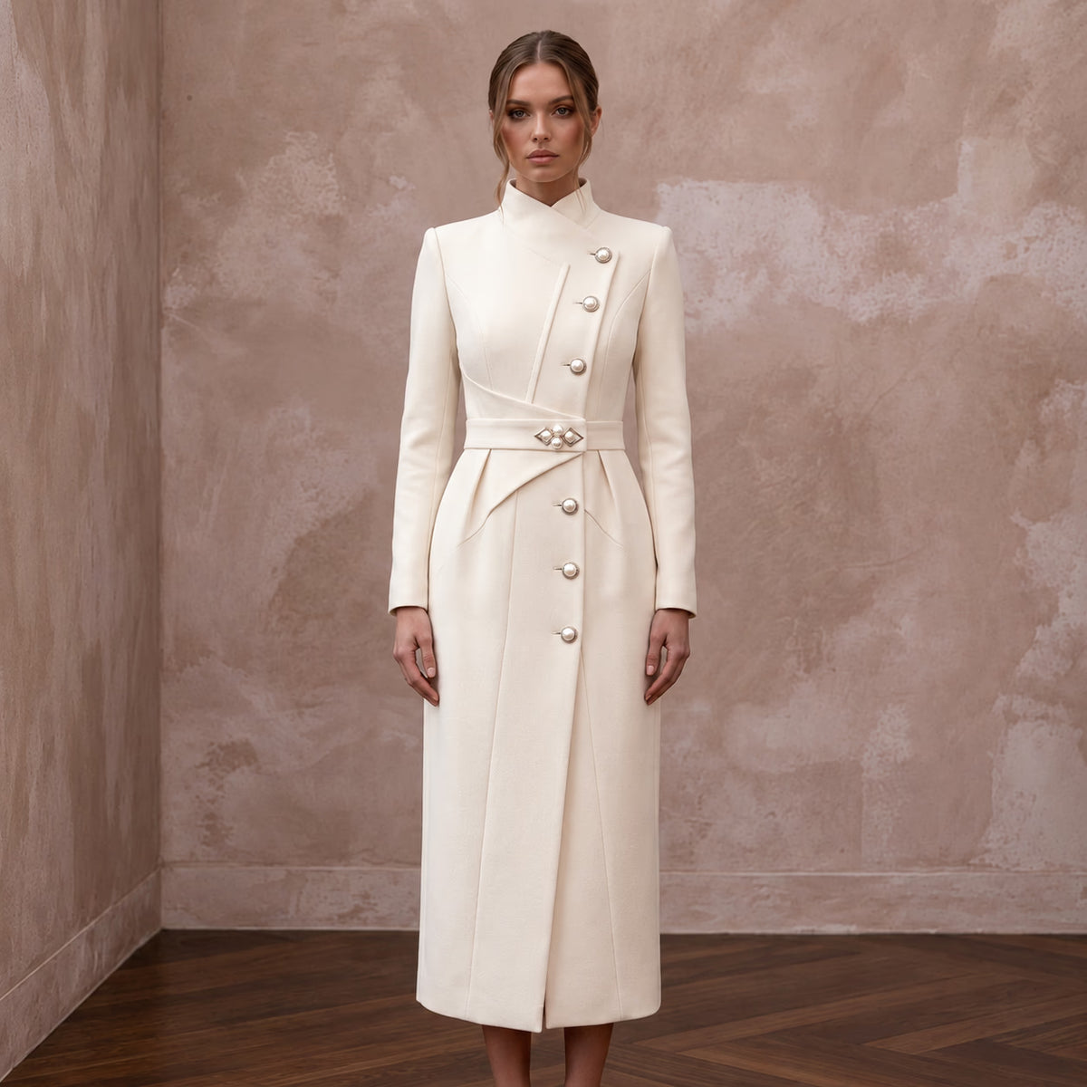 Sophisticated Cream Wool Crepe Coat Bridal Dress for City Hall Winter - Apparel & Accessories > Clothing > Wedding & Bridal Party Dresses > Wedding Dresses - Mignonette Bridal Main image
