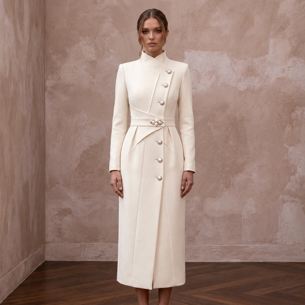 Sophisticated Cream Wool Crepe Coat Bridal Dress for City Hall Winter