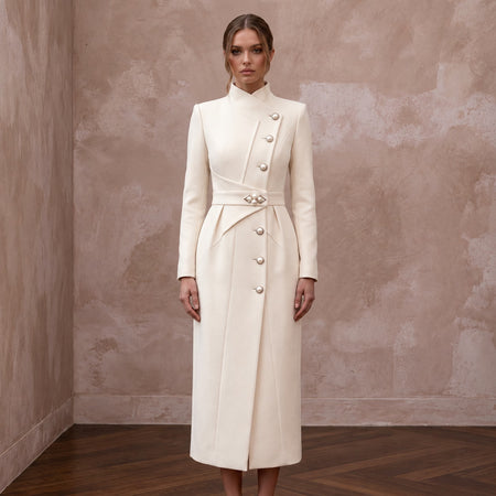 Sophisticated Cream Wool Crepe Coat Bridal Dress for City Hall Winter