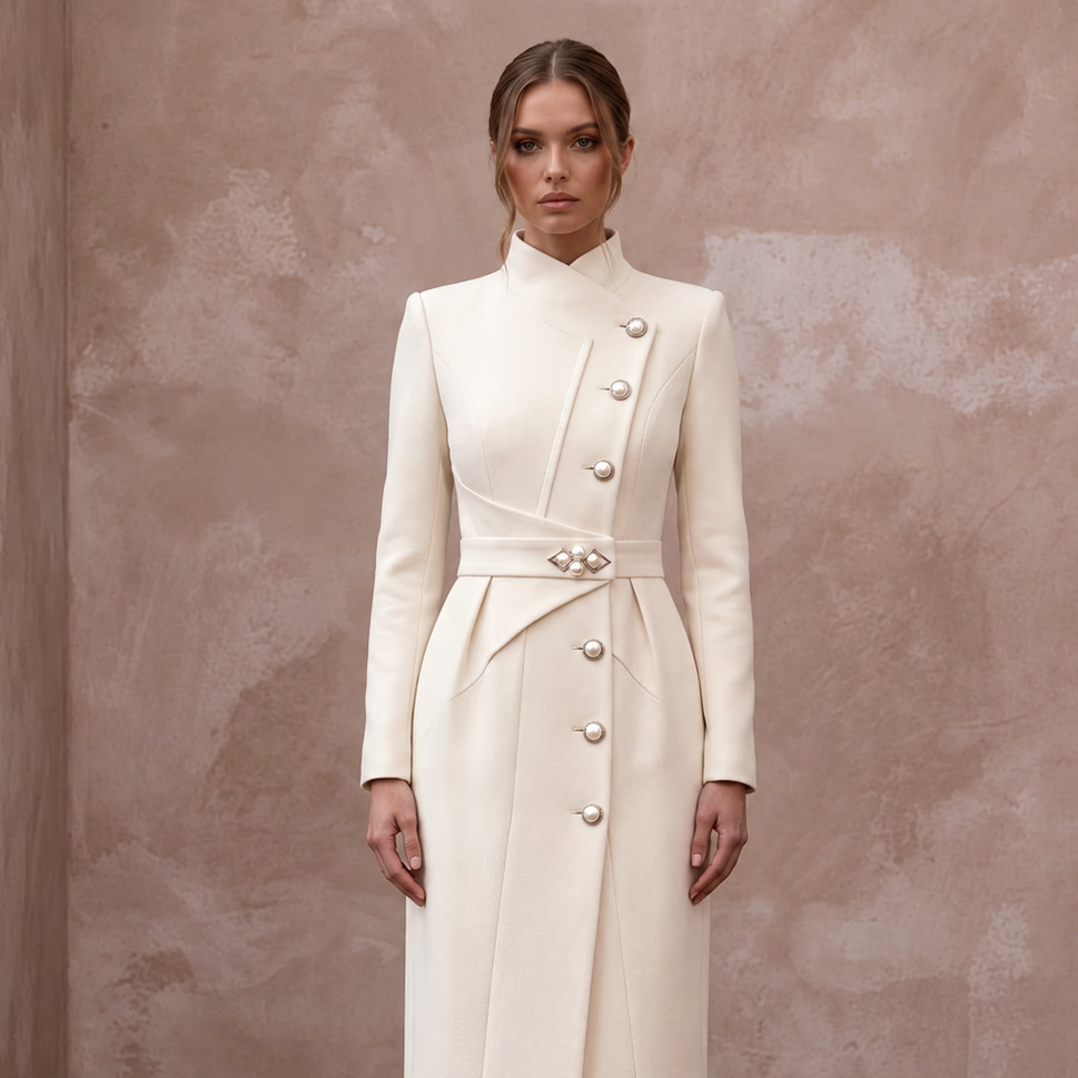 Sophisticated Cream Wool Crepe Coat Bridal Dress for City Hall Winter