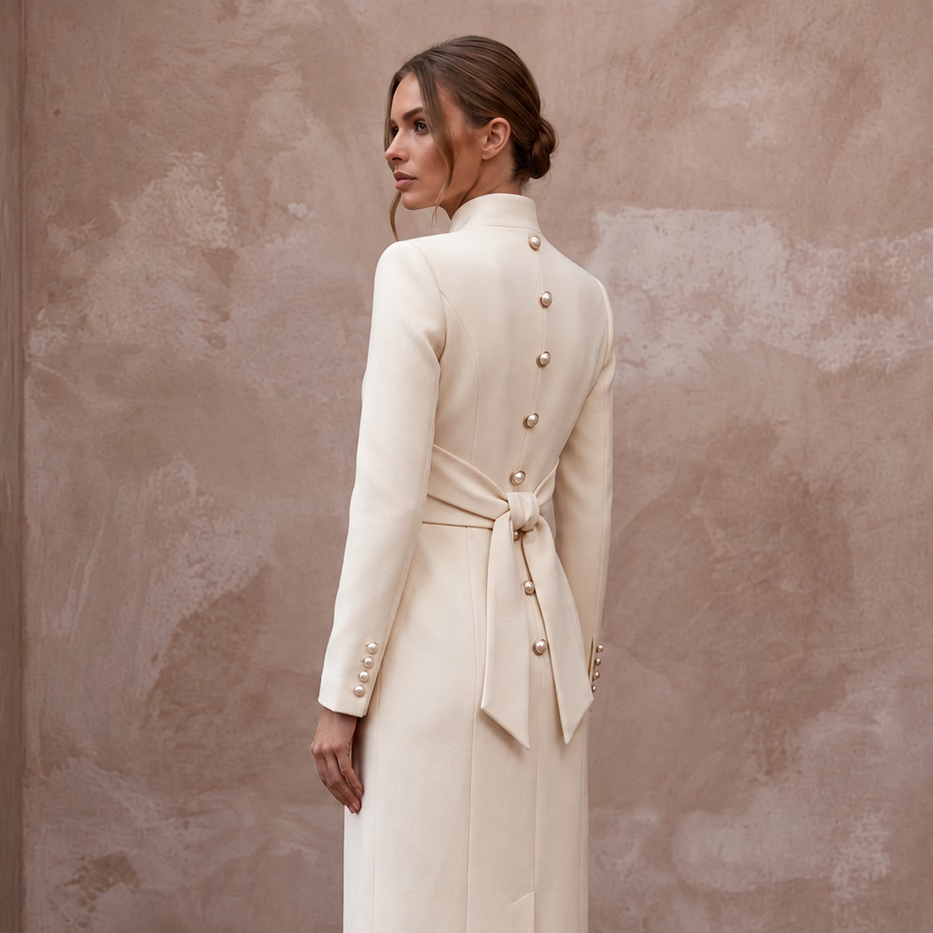 Sophisticated Cream Wool Crepe Coat Bridal Dress for City Hall Winter