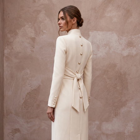 Sophisticated Cream Wool Crepe Coat Bridal Dress for City Hall Winter